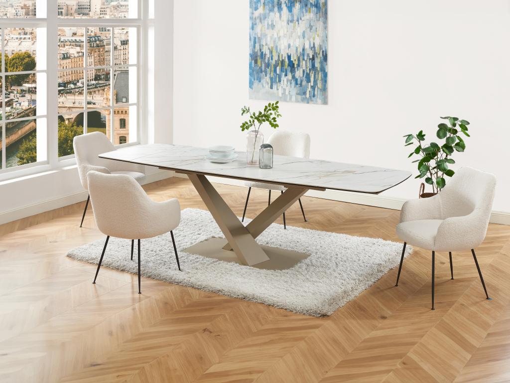 Mesa de comedor extensible 6 a 10 comensales de cerámica y metal - Efecto mármol blanco y beige - MALATA de Pascal MORABITO