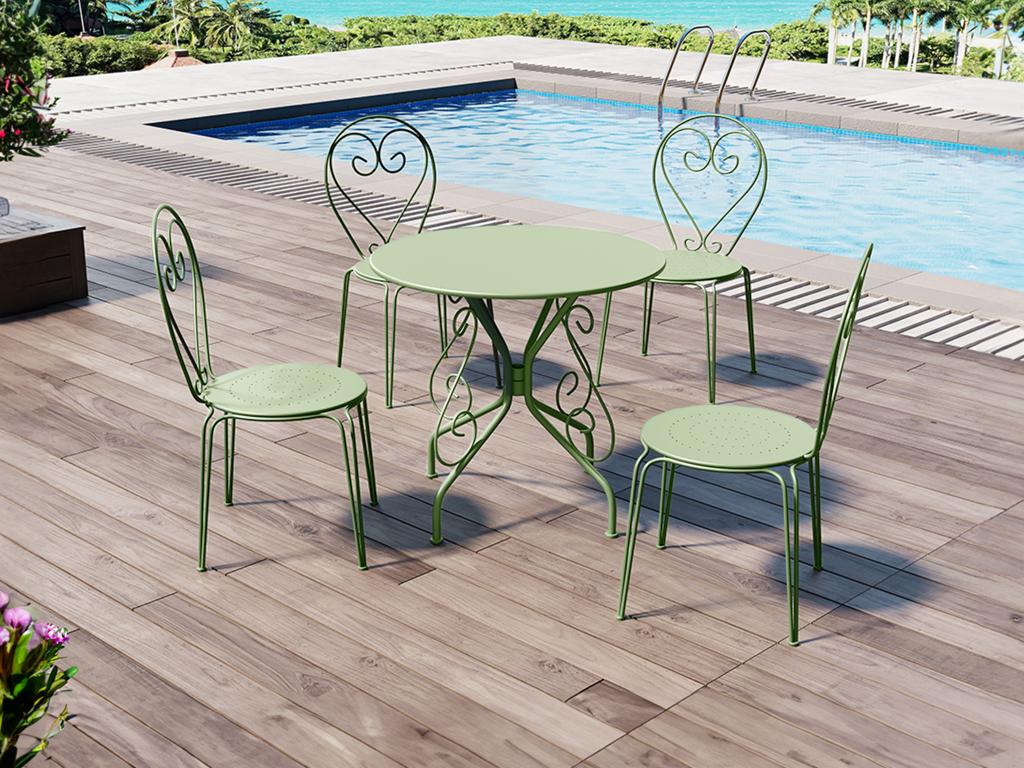 MYLIA Comedor de jardín de metal tipo hierro forjado: una mesa y 4 sillas apilables - verde almendra - GUERMANTES
