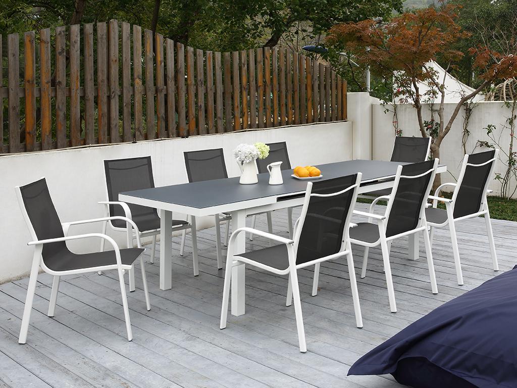 MYLIA Comedor de jardín de aluminio gris y blanco: 8 sillas y una mesa extensible - LINOSA