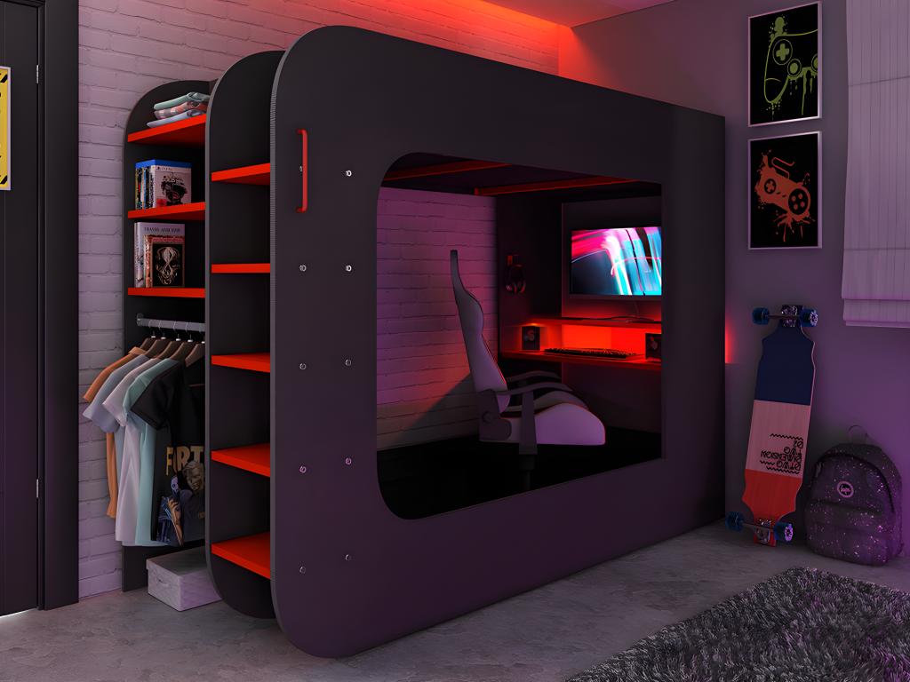 Unique Cama alta gamer 90 x 200 cm - Con escritorio y compartimentos - Con LEDs - Antracita y rojo - WARRIOR