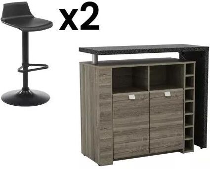 Unique Conjunto "Bar": Mueble de bar METEORITE + 2 taburetes de bar CALAS - Negro y gris