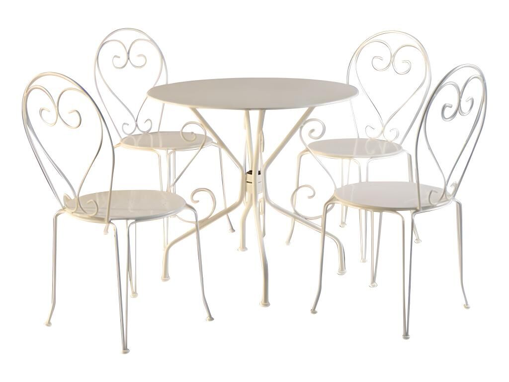 MYLIA Comedor de jardín metal estilo hierro forjado : mesa + 4 sillas - Blanco - GUERMANTES