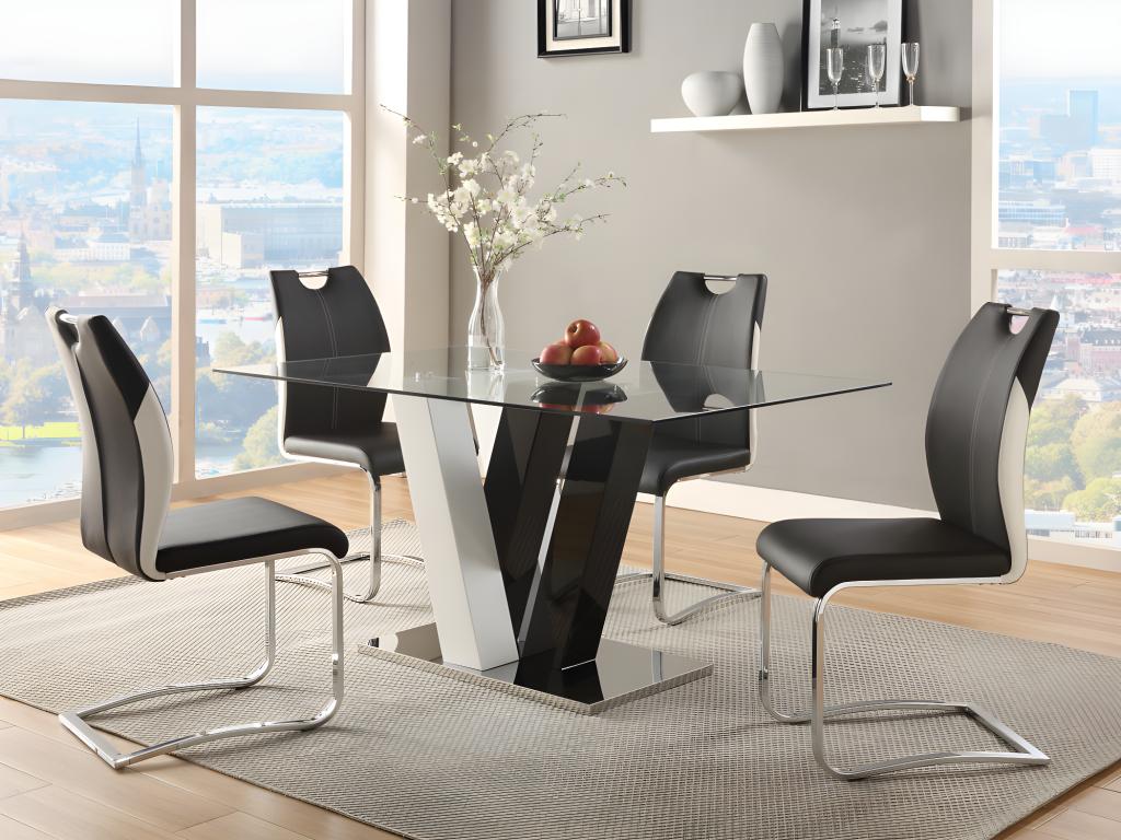 Unique Mesa de comedor WINCH - 6 cubiertos - MDF y Cristal templado - Negro y blanco