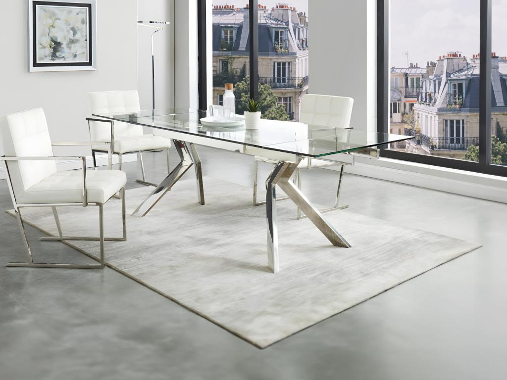 Unique Mesa de comedor extensible VELIKA - Cristal templado y metal - 6 a 8 comensales