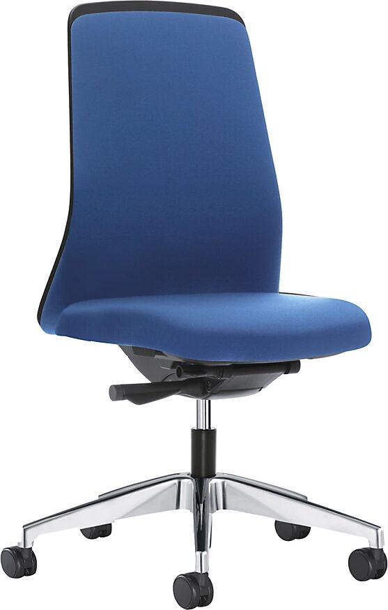 interstuhl Silla giratoria ergonómica EVERY, respaldo Chillback negro, armazón pulido, con ruedas duras, azul genciana, profundidad del asiento 410 - 470 mm