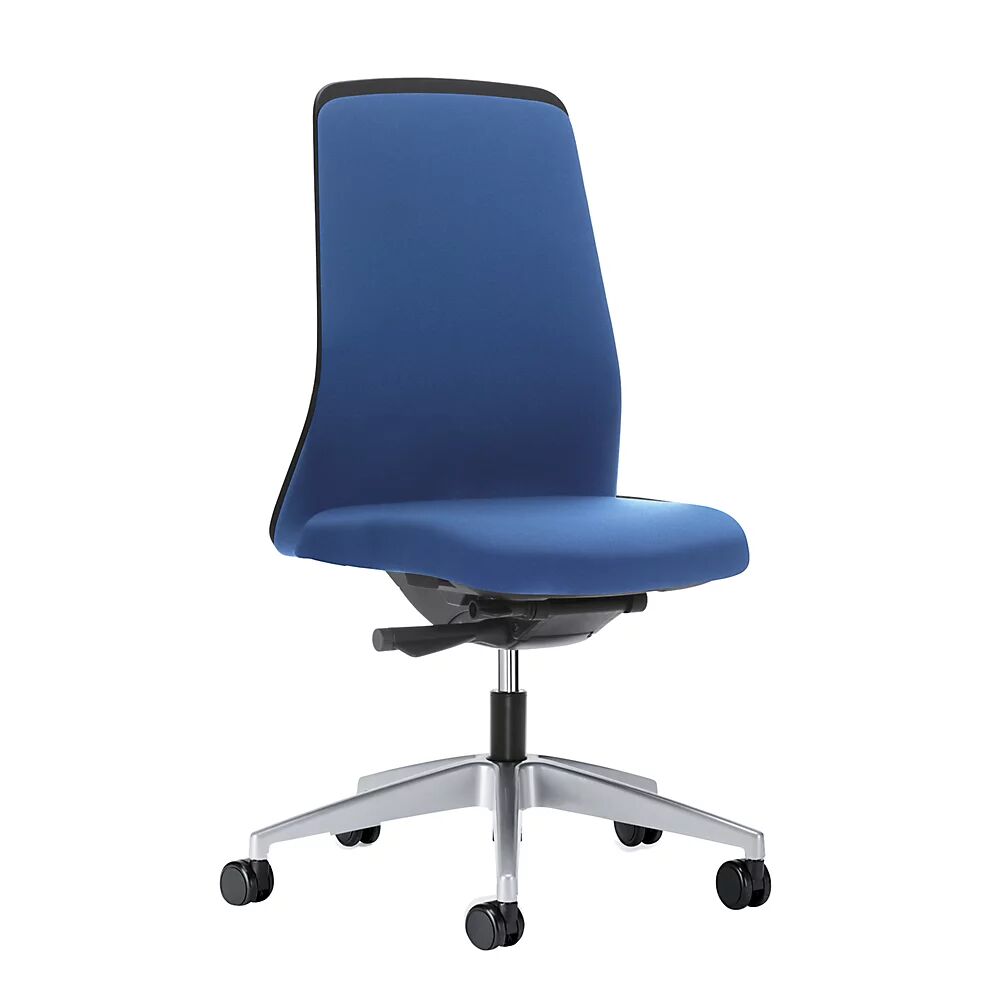 interstuhl Silla giratoria ergonómica EVERY, respaldo Chillback negro, armazón plateado brillante, con ruedas duras, azul genciana, profundidad del asiento 430 mm