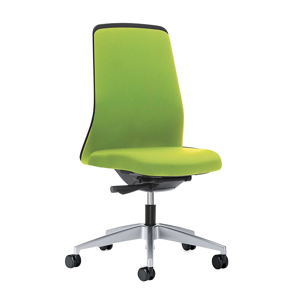 interstuhl Silla giratoria ergonómica EVERY, respaldo Chillback negro, armazón plateado brillante, con ruedas blandas, verde amarillento, profundidad del asiento 410 - 470 mm