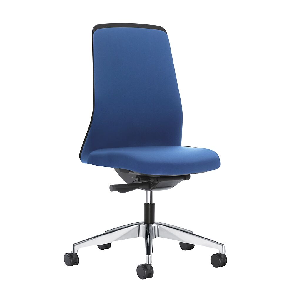 interstuhl Silla giratoria ergonómica EVERY, respaldo Chillback negro, armazón pulido, con ruedas blandas, azul genciana, profundidad del asiento 410 - 470 mm