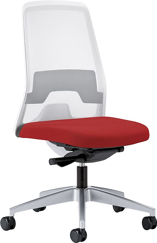 interstuhl Silla giratoria ergonómica EVERY, respaldo reticulado blanco, armazón plateado brillante, con ruedas duras, rojo vivo, profundidad del asiento 430 mm