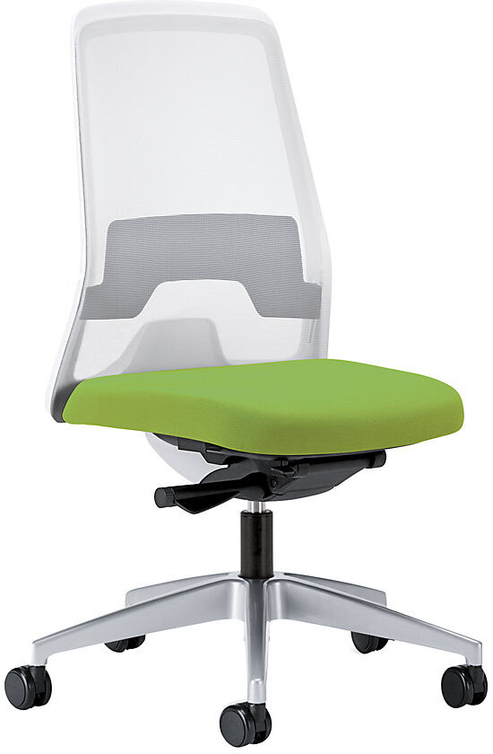 interstuhl Silla giratoria ergonómica EVERY, respaldo reticulado blanco, armazón plateado brillante, con ruedas duras, verde amarillento, profundidad del asiento 410 - 470 mm