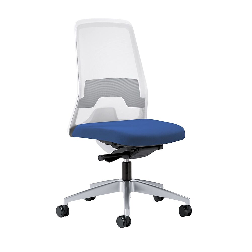 interstuhl Silla giratoria ergonómica EVERY, respaldo reticulado blanco, armazón plateado brillante, con ruedas duras, azul genciana, profundidad del asiento 430 mm