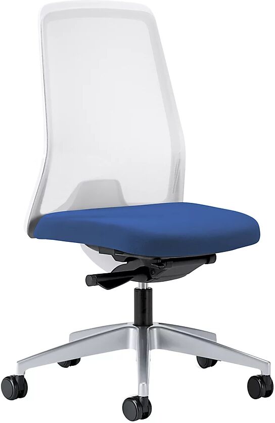 interstuhl Silla giratoria ergonómica EVERY, respaldo reticulado blanco, armazón plateado brillante, con ruedas blandas, azul genciana, profundidad del asiento 430 mm