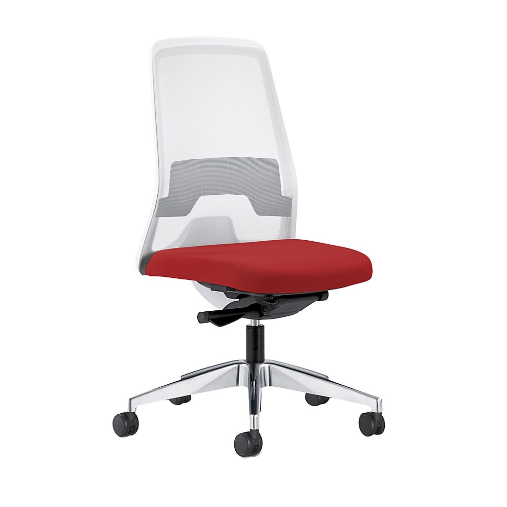 interstuhl Silla giratoria ergonómica EVERY, respaldo reticulado blanco, armazón pulido, con ruedas duras, rojo vivo, profundidad del asiento 430 mm