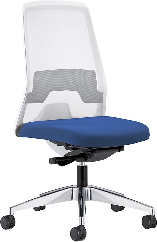 interstuhl Silla giratoria ergonómica EVERY, respaldo reticulado blanco, armazón pulido, con ruedas duras, azul genciana, profundidad del asiento 410 - 470 mm