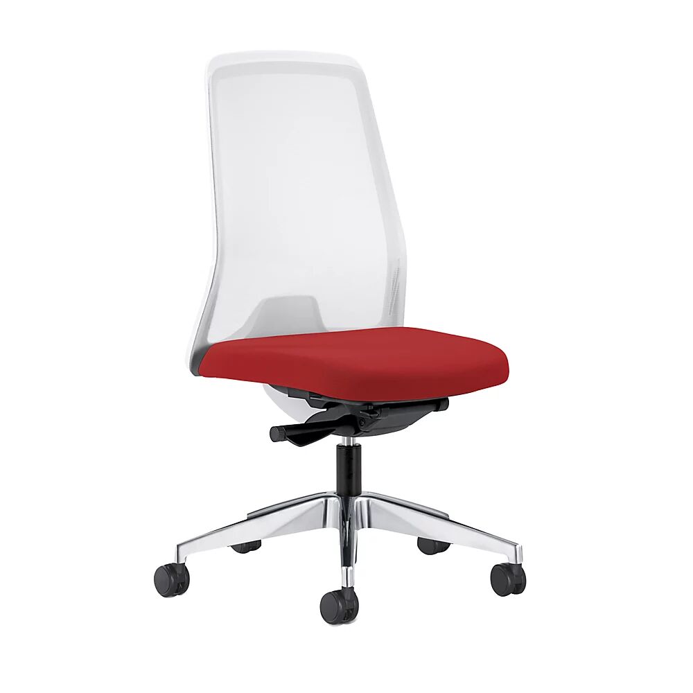 interstuhl Silla giratoria ergonómica EVERY, respaldo reticulado blanco, armazón pulido, con ruedas blandas, rojo vivo, profundidad del asiento 410 - 470 mm