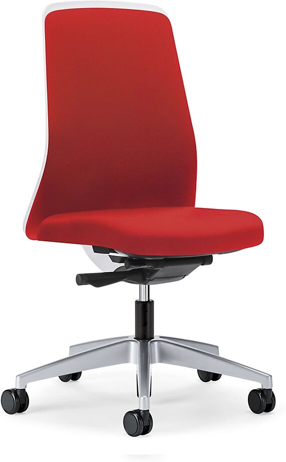 interstuhl Silla giratoria ergonómica EVERY, respaldo Chillback blanco, armazón plateado brillante, con ruedas duras, rojo vivo, profundidad del asiento 430 mm