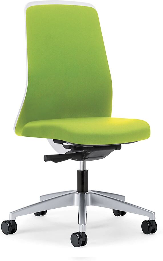 interstuhl Silla giratoria ergonómica EVERY, respaldo Chillback blanco, armazón plateado brillante, con ruedas duras, verde amarillento, profundidad del asiento 410 - 470 mm