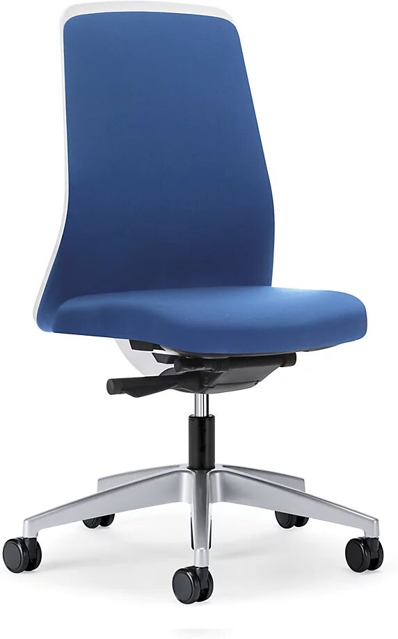 interstuhl Silla giratoria ergonómica EVERY, respaldo Chillback blanco, armazón plateado brillante, con ruedas duras, azul genciana, profundidad del asiento 430 mm