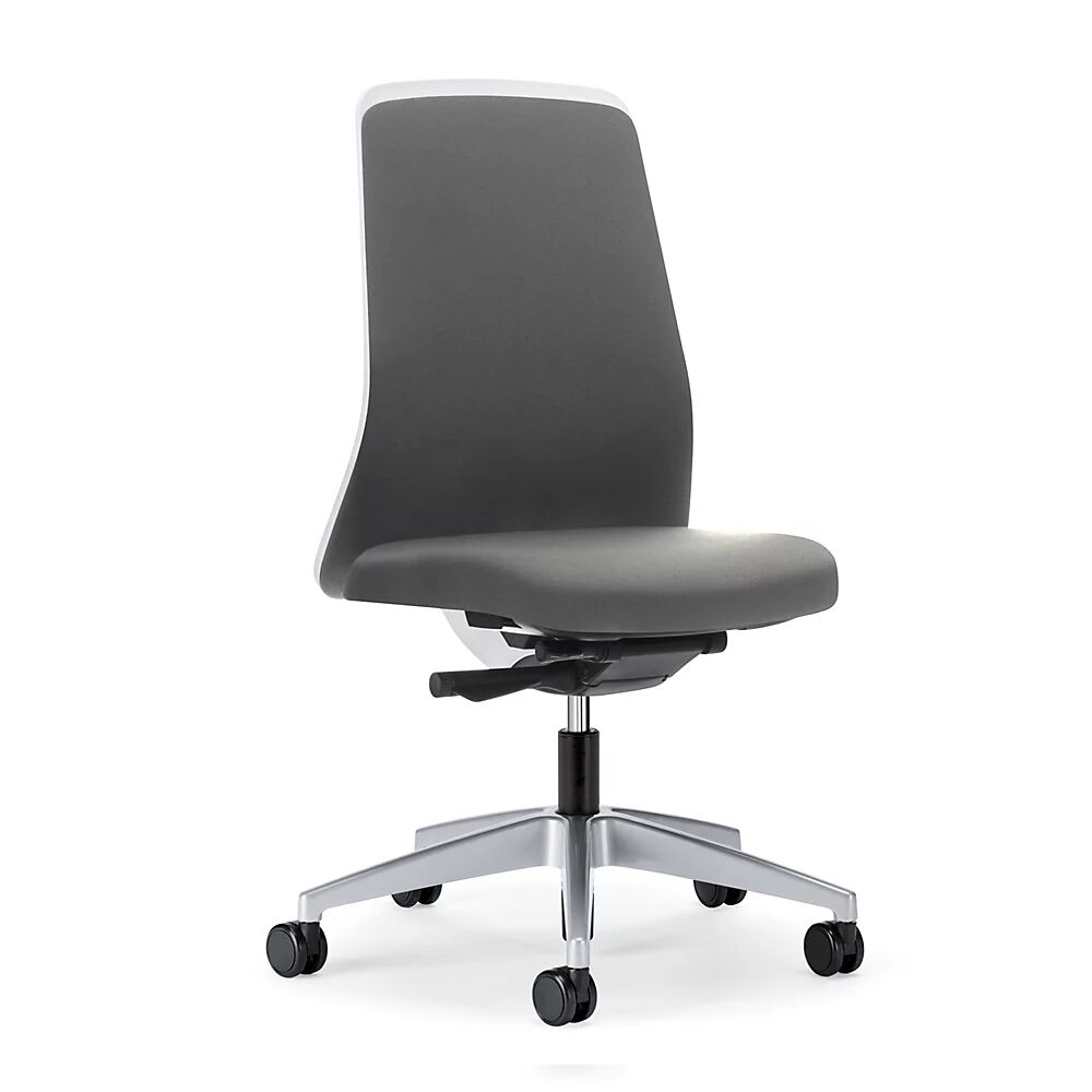 interstuhl Silla giratoria ergonómica EVERY, respaldo Chillback blanco, armazón plateado brillante, con ruedas duras, gris hierro, profundidad del asiento 410 - 470 mm