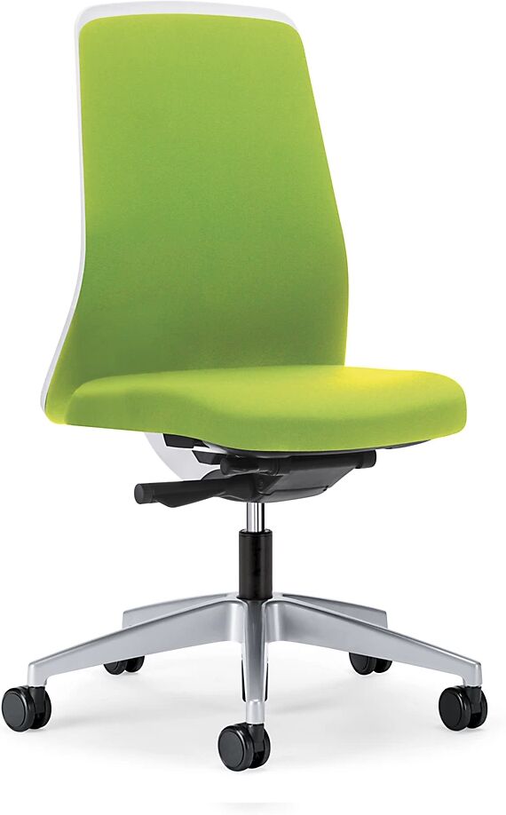 interstuhl Silla giratoria ergonómica EVERY, respaldo Chillback blanco, armazón plateado brillante, con ruedas duras, verde amarillento, profundidad del asiento 410 - 470 mm