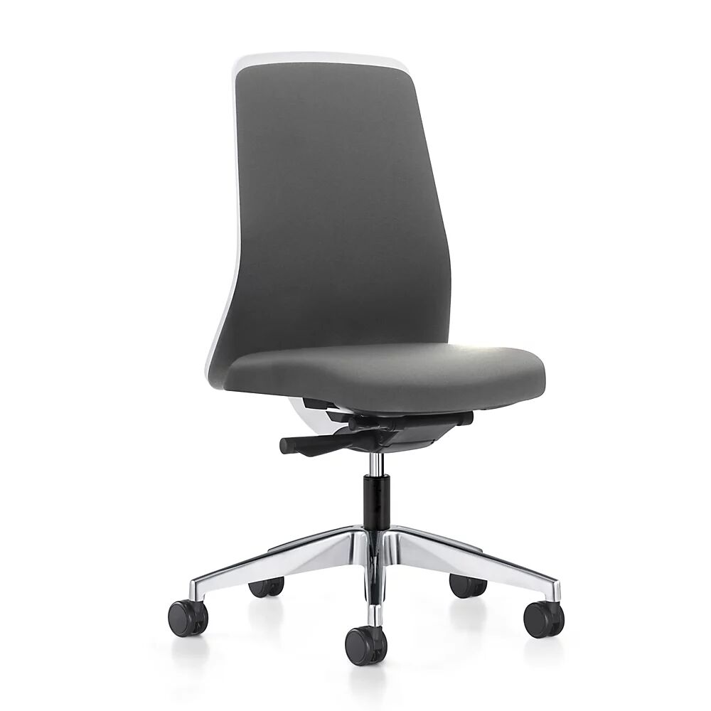 interstuhl Silla giratoria ergonómica EVERY, respaldo Chillback blanco, armazón pulido, con ruedas duras, gris hierro, profundidad del asiento 430 mm