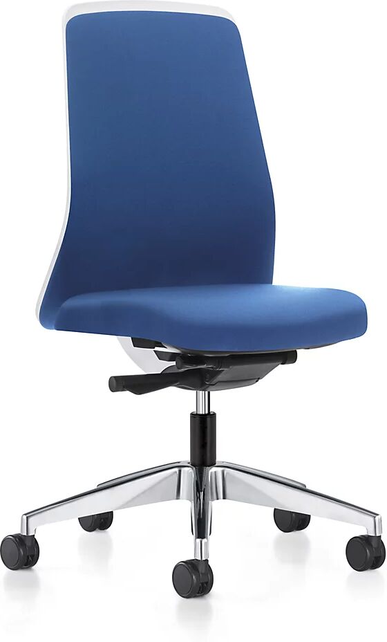 interstuhl Silla giratoria ergonómica EVERY, respaldo Chillback blanco, armazón pulido, con ruedas duras, azul genciana, profundidad del asiento 410 - 470 mm