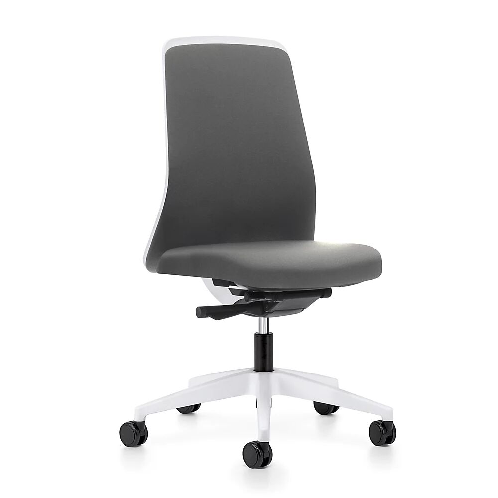 interstuhl Silla giratoria ergonómica EVERY, respaldo Chillback blanco, armazón blanco, con ruedas blandas, gris hierro, profundidad del asiento 430 mm