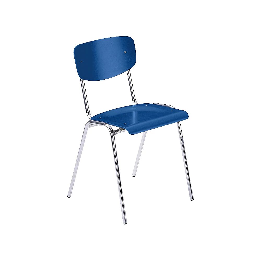 kaiserkraft Silla apilable CLASSIC, armazón cromado, UE 4 unid., madera en azul genciana