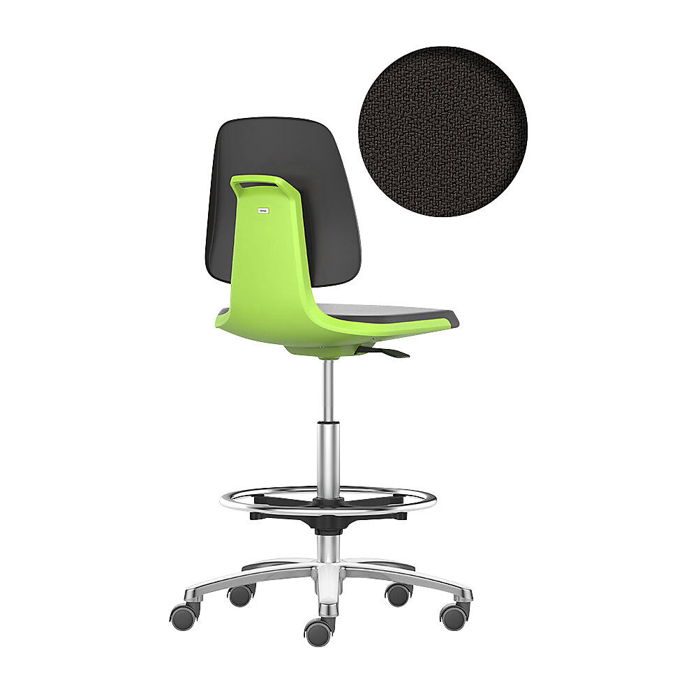 bimos Silla giratoria de trabajo LABSIT, silla alta con ruedas de freno y estribo circular, asiento con tapizado de tela verde