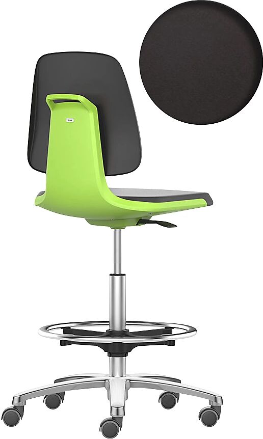 bimos Silla giratoria de trabajo LABSIT, silla alta con ruedas de freno y estribo circular, asiento con tapizado de piel sintética verde