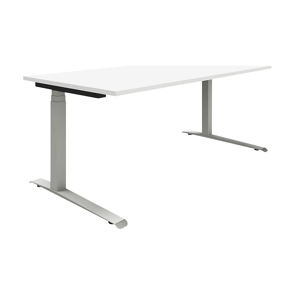 eurokraft pro P12 - Escritorio en blanco/aluminio plata, armazón de patas en C, altura regulable eléctricamente, A x P 1800 x 800 mm