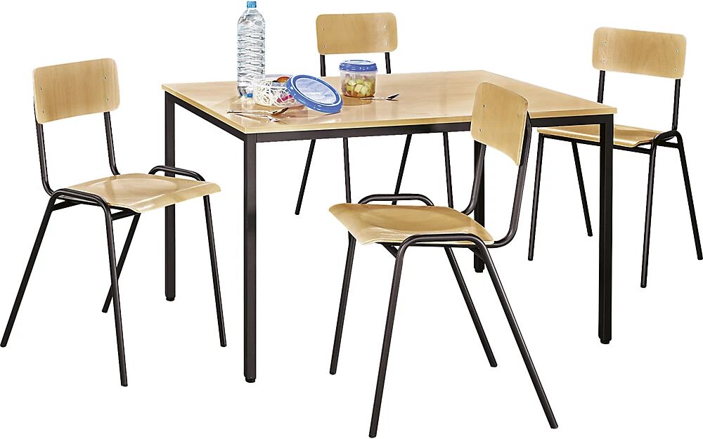 eurokraft basic Conjunto de sillas y mesa multiusos, 1 mesa, 4 sillas, tablero de mesa en decoración de haya, armazón pardo grisáceo