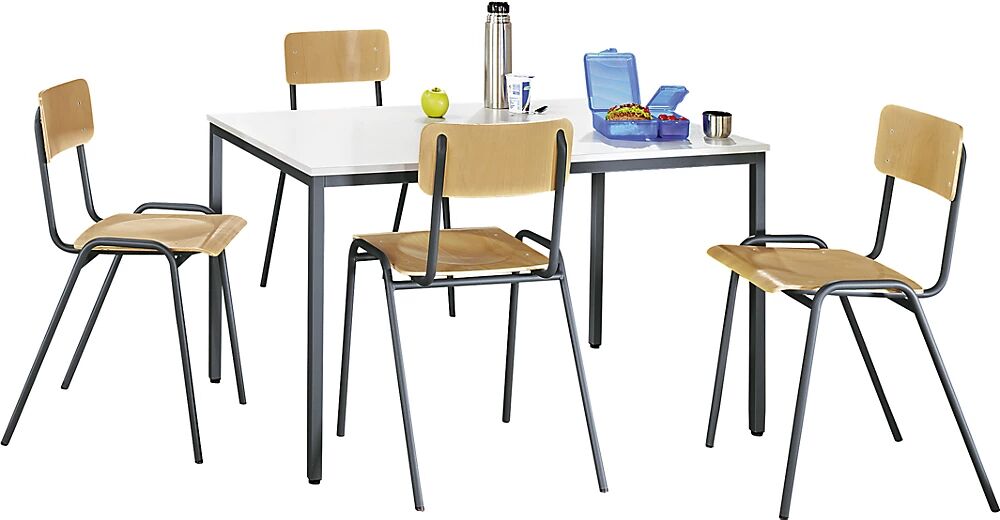 eurokraft basic Conjunto de sillas y mesa multiusos, 1 mesa, 4 sillas, tablero de mesa gris luminoso, armazón gris basalto