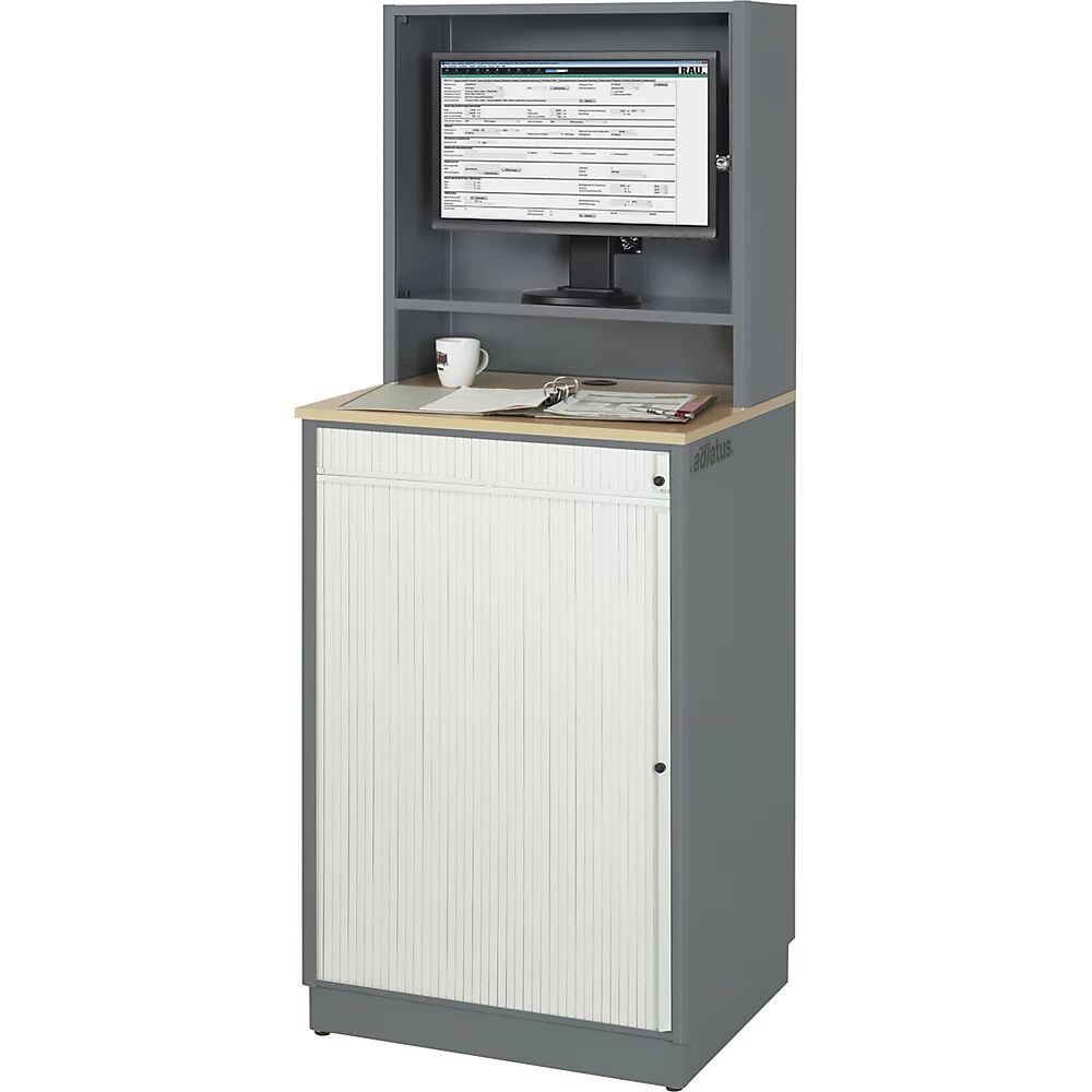 RAU Puesto de trabajo para ordenador, H x A x P 1810 x 720 x 660 mm, con carcasa para el monitor, antracita metálico / azul genciana