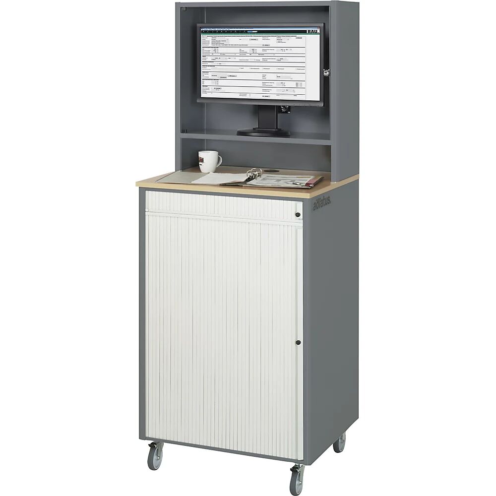 RAU Puesto de trabajo para ordenador, H x A x P 1810 x 720 x 660 mm, con carcasa para el monitor, rodante, antracita metálico / azul genciana