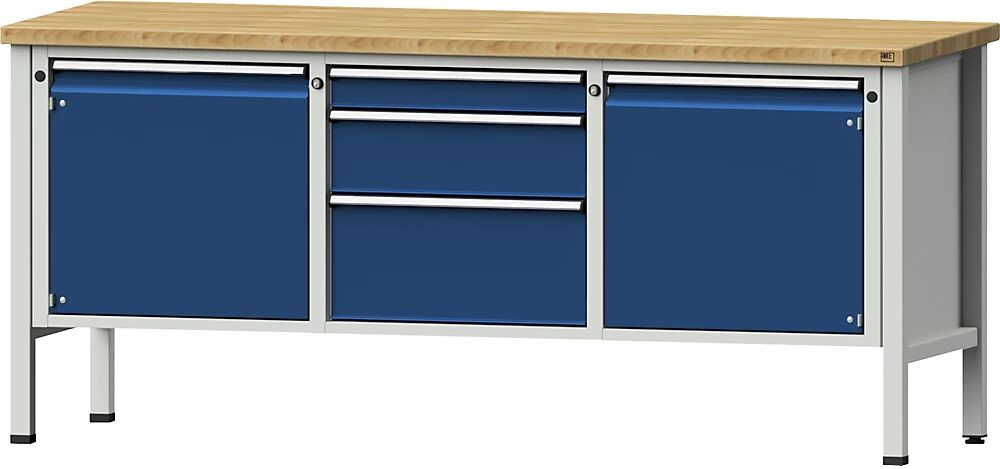 ANKE Banco de trabajo, bastidor modular, 2 puertas de 540 mm, 3 cajones, altura 890 mm, de haya maciza