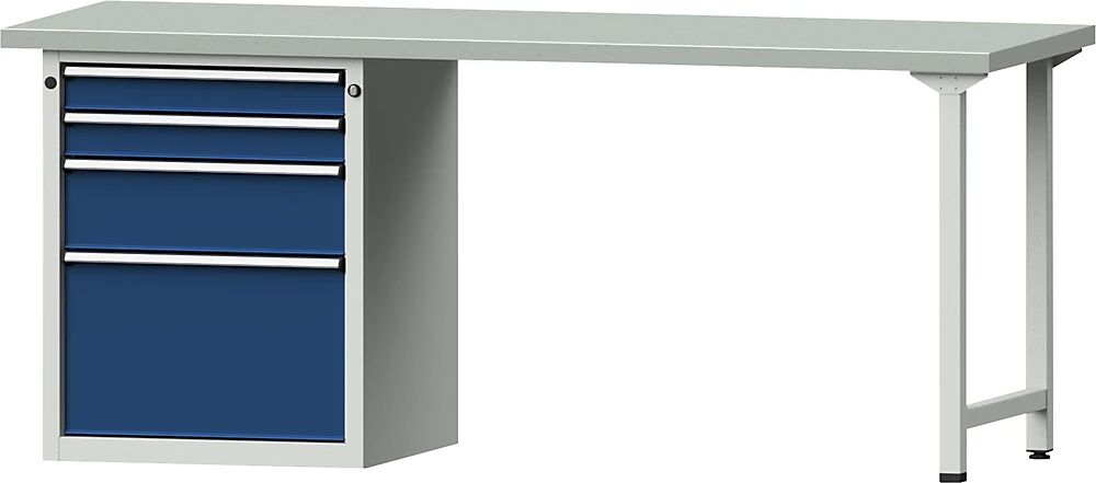 ANKE Banco de trabajo, bastidor modular, 4 cajones: 2 x 90, 1 x 180, 1 x 360 mm, tablero revestido de chapa de acero, anchura 2000 mm