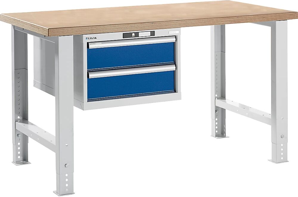 LISTA Banco de trabajo en sistema modular, altura 740 - 1090 mm, armario colgante, 2 cajones, azul genciana, anchura de mesa 1500 mm