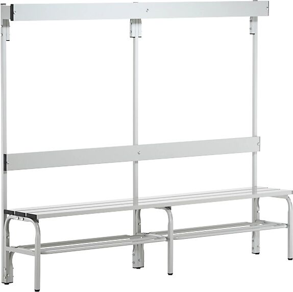 Sypro Banco de acero inoxidable para vestuarios, H x P 1650 x 375 mm, longitud 1500 mm, 6 ganchos, gris luminoso, rejilla para zapatos