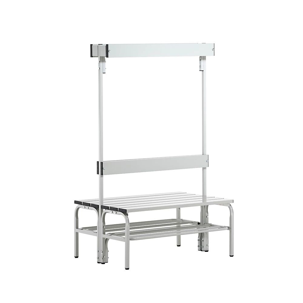 Sypro Banco para vestuarios con listones de aluminio, H x P 1650 x 725 mm, por ambos lados, longitud 1015 mm, 6 ganchos, gris luminoso, rejilla para zapatos