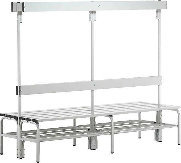 Sypro Banco de acero inoxidable para vestuarios, H x P 1650 x 725 mm, longitud 2000 mm, 12 ganchos, gris luminoso, rejilla para zapatos