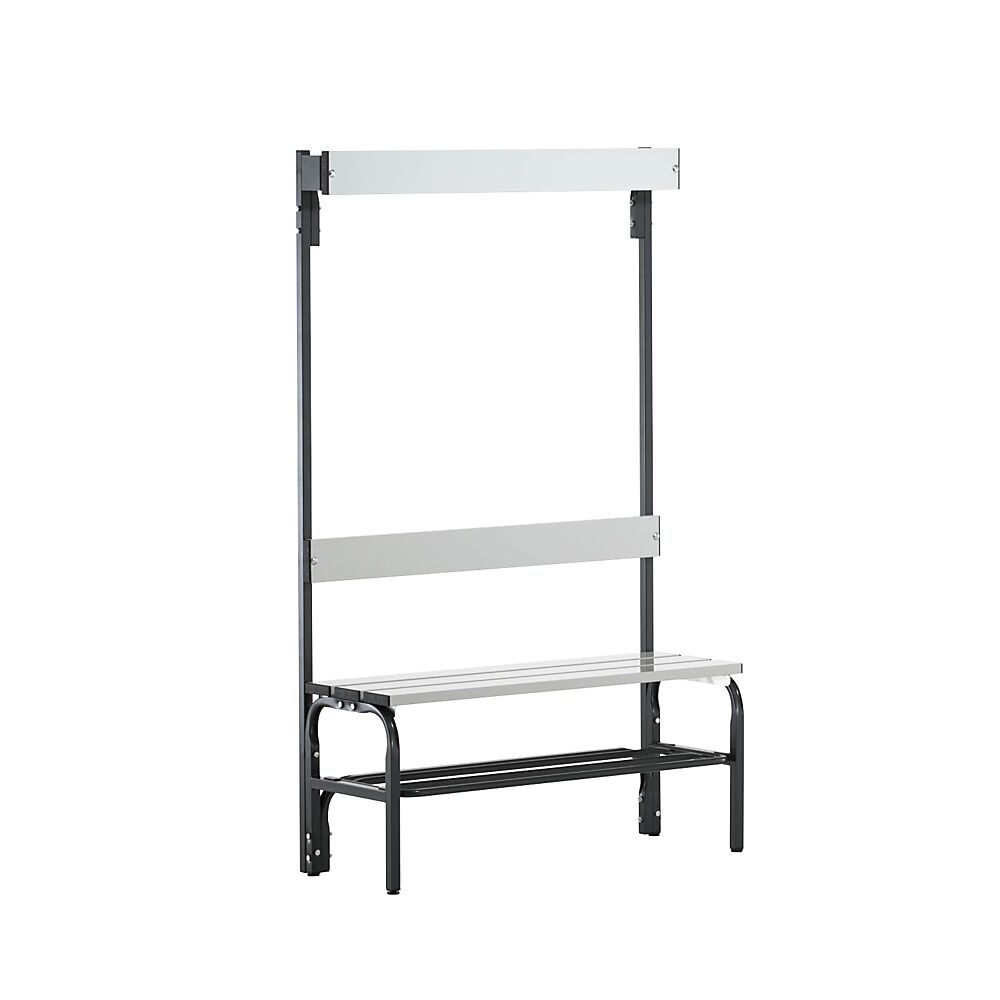 Sypro Banco para vestuarios con listones de aluminio, H x P 1650 x 375 mm, por un lado, longitud 1015 mm, 3 ganchos, antracita, rejilla para zapatos