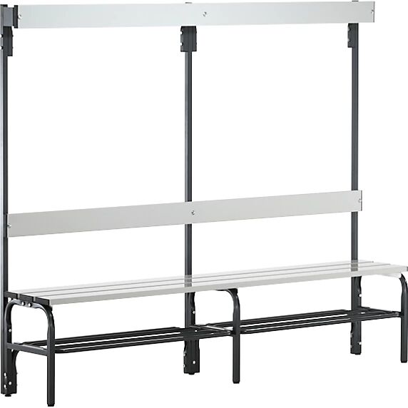 Sypro Banco para vestuarios con listones de aluminio, H x P 1650 x 375 mm, por un lado, longitud 1500 mm, 6 ganchos, antracita, rejilla para zapatos