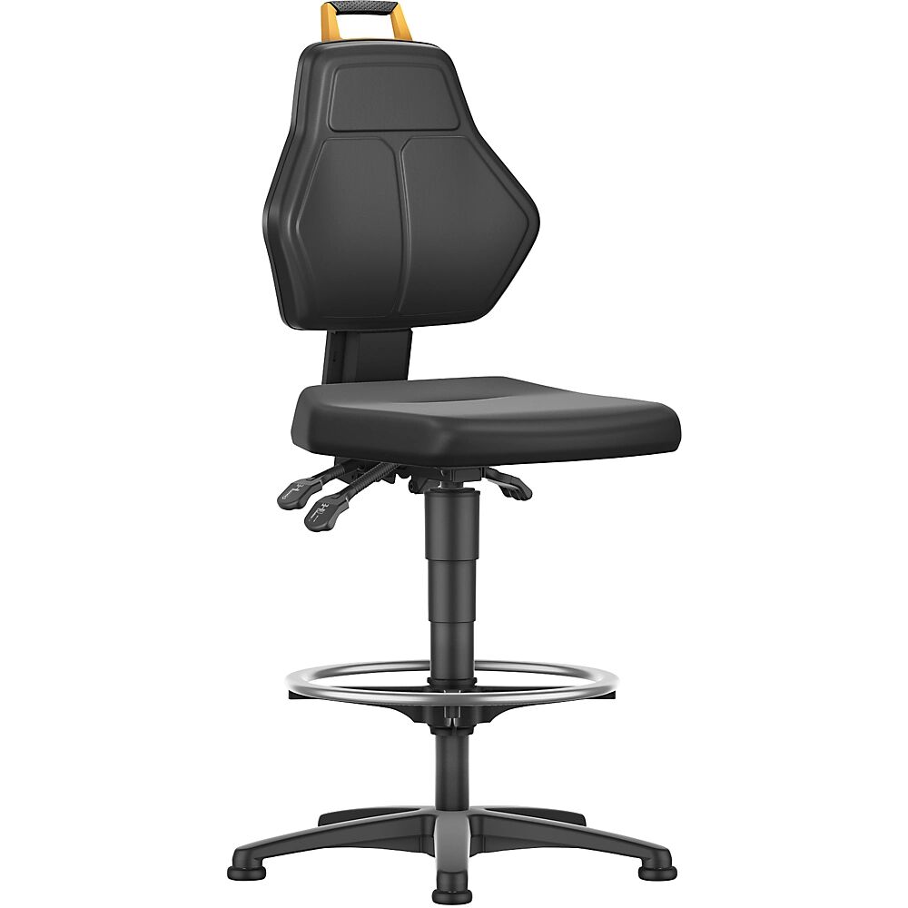 eurokraft pro Silla giratoria de trabajo, negra, silla alta con tacos y estribo circular, tapizado de piel sintética