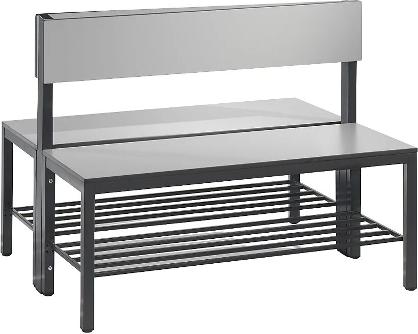 C+P Banco para vestuarios BASIC PLUS, por ambos lados, superficie del asiento de HPL, de media altura, rejilla para zapatos, longitud 1000 mm, gris plata