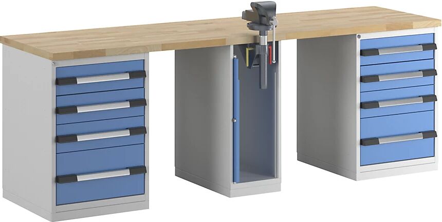 eurokraft pro Banco de trabajo, sistema modular Serie 7, 8 cajones, 1 tornillo de banco en el centro, A x P 2500 x 700 mm