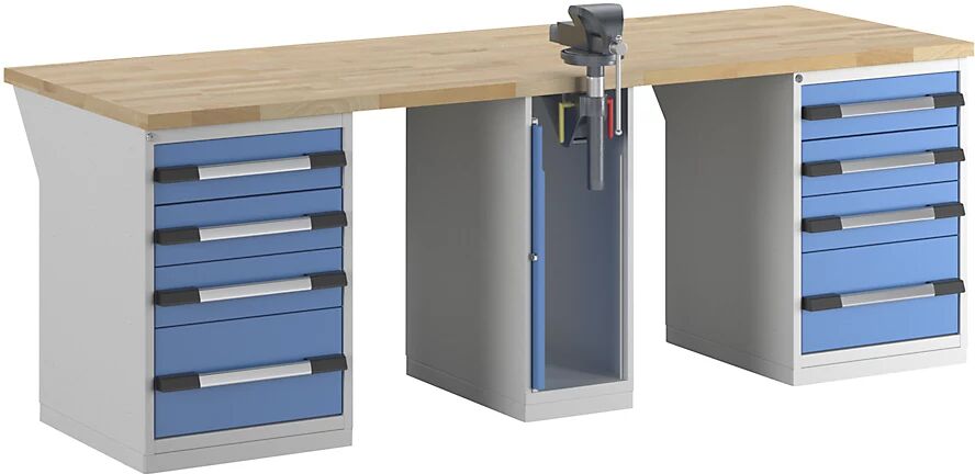 eurokraft pro Banco de trabajo, sistema modular Serie 7, 8 cajones, 1 tornillo de banco en el centro, A x P 2500 x 900 mm