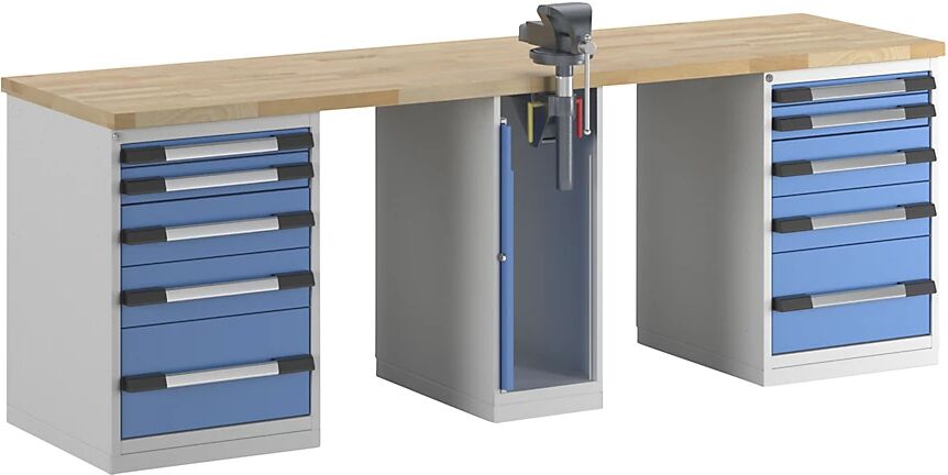 eurokraft pro Banco de trabajo, sistema modular Serie 7, 10 cajones, 1 tornillo de banco en el centro, A x P 2500 x 700 mm