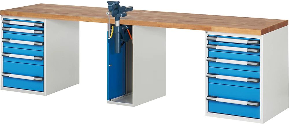 eurokraft pro Banco de trabajo, sistema modular Serie 7, 10 cajones, 1 tornillo de banco en el centro, A x P 3000 x 700 mm