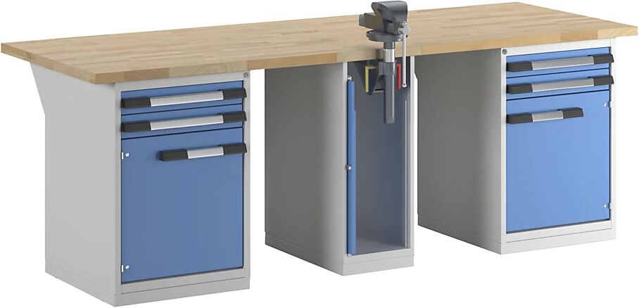 eurokraft pro Banco de trabajo, sistema modular Serie 7, 4 cajones, 2 puertas, 1 tornillo de banco en el centro, A x P 2500 x 900 mm